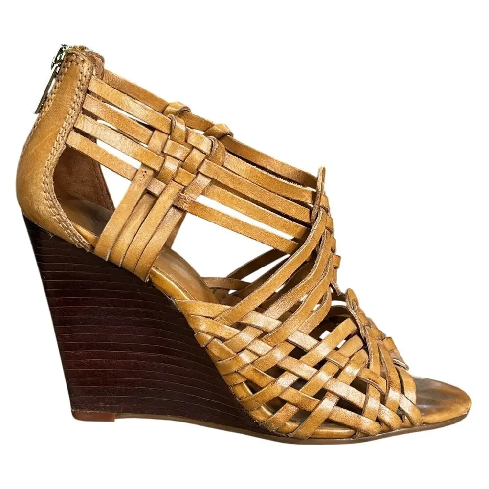 Tory Burch Women’s Tevray Huarache Tan Leather Wedge Sandals Size US 7